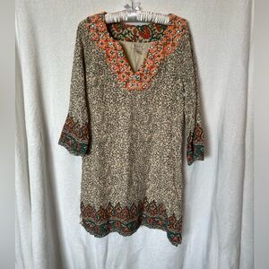 Lucky Brand Embroidered Boho Shift Dress Medium Tan Orange Green